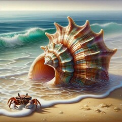 Intricate Seashell and a Curious Crab on a Sandy Shore Under a Clear Sky