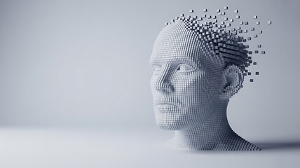 Pixelated human head dissolving into cubes digital art