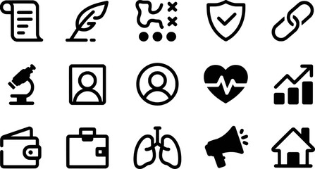 Diverse collection of black and white vector icons representing various concepts and objects