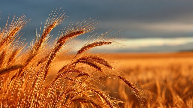 Golden wheat stalks in a sunlit field sway gently under a dramatic, cloudy sky at sunset