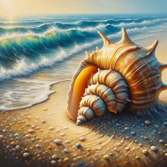 A Majestic Seashell Resting on a Sandy Shore, Glistening Under the Sunlight with Gentle Waves in the Background