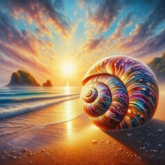 A Colorful Swirling Seashell Glimmering on a Golden Beach as the Sun Rises Over the Ocean and Illuminates the Sky