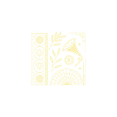 Gold art deco panel and border with ornament on white background