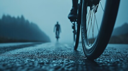 Sleek road bike tire on smooth asphalt, blurred cyclist in background, embodying speed and efficiency.