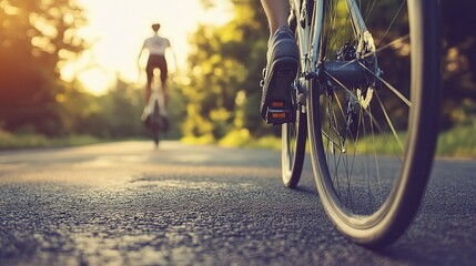 Sleek road bike tire on smooth asphalt, blurred cyclist in background, embodying speed and efficiency.