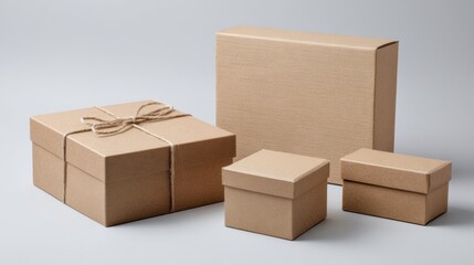 Brown cardboard shipping boxes stacked on white background for logistics packaging e-commerce product photography display