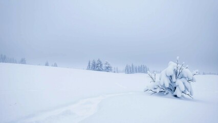 Fototapeta premium Atemberaubende Winterlandschaft mit schneebedeckten Tannen, Bergen im Hintergrund und klarem blauen Himmel. Idyllische Naturaufnahme in hoher Auflösung, perfekt für Winterdesigns und Weihnachtsmotive.