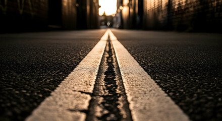 Asphalt Road With A Double White Line Guiding Into The Distance