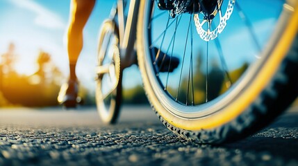 Sleek road bike tire on smooth asphalt, blurred cyclist in background, embodying speed and efficiency.
