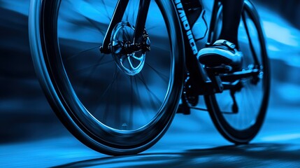 Sleek road bike tire on smooth asphalt, blurred cyclist in background, embodying speed and efficiency.