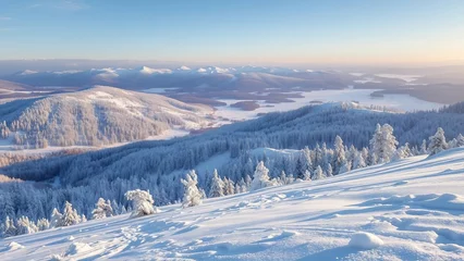 Fototapete Arzt Atemberaubende Winterlandschaft mit schneebedeckten Tannen, Bergen im Hintergrund und klarem blauen Himmel. Idyllische Naturaufnahme in hoher Auflösung, perfekt für Winterdesigns und Weihnachtsmotive.  © Kathy