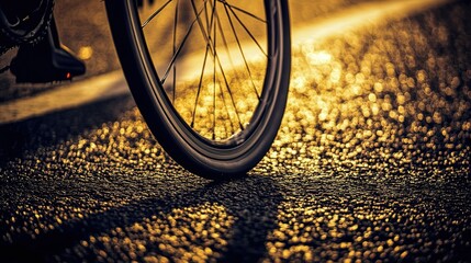 Sleek road bike tire on smooth asphalt, blurred cyclist in background, embodying speed and efficiency.