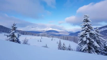 Wanddecoratie Huisarts Atemberaubende Winterlandschaft mit schneebedeckten Tannen, Bergen im Hintergrund und klarem blauen Himmel. Idyllische Naturaufnahme in hoher Auflösung, perfekt für Winterdesigns und Weihnachtsmotive.  © Kathy