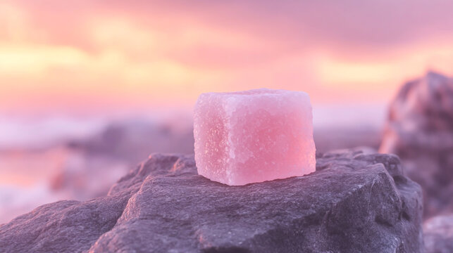 A delicious closeup of pink ice cream and cubes with sweet candy jelly on black, featuring colourful gummy snacks in red, yellow, and green