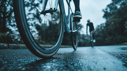 Sleek road bike tire on smooth asphalt, blurred cyclist in background, embodying speed and efficiency.