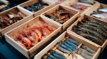 Fresh seafood on ice in wooden display box for premium culinary product presentation and market photography concept