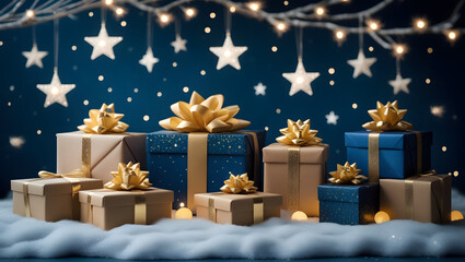 Festive Gift Boxes in Blue and Beige, Ready for Christmas