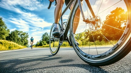 Sleek road bike tire on smooth asphalt, blurred cyclist in background, embodying speed and efficiency.