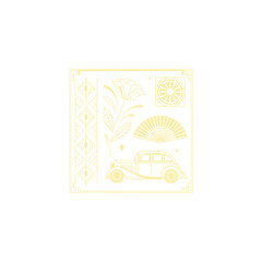 Gold art deco panel and border with ornament on white background
