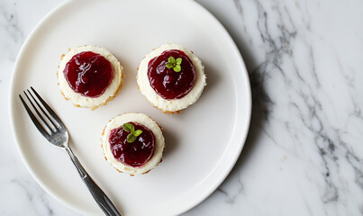 A delicious heart-shaped dessert cake served on a fresh white plate features sweet strawberry jam sauce for a healthy and gourmet red fruit appetizer or snack