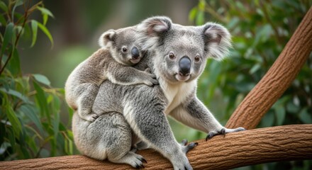Fototapeta premium Mother Koala and Joey on Eucalyptus Branch Australian Wildlife Closeup