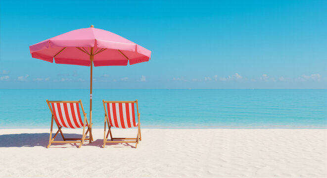 beach chairs and umbrella on the beach - Powered by Adobe