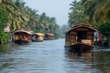 Obraz premium Houseboats cruise serene backwaters framed by lush palms, evoking a sense of peaceful travel. Traditional architecture blends with tropical scenery.
