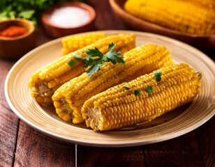 milho cozido boiled corn on plate on wooden surface