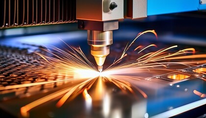 close up of a cnc laser cutter precision cutting a metal sheet glowing edges