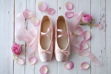 A pair of elegant pink ballet wedding shoes with a silk bow sits as a bridal fashion gift on a rustic wooden background, showcasing high-quality leather footwear for a child or bride
