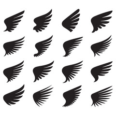 Obraz premium A collection of sixteen black wing silhouettes isolated on white background, perfect for graphic design projects