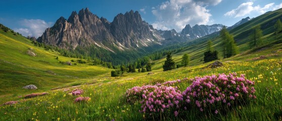 Majestic Alpine Meadow Panorama: Breathtaking View of Dolomites, Italy