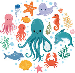 Obraz premium Sualtı dünyası! Ahtapot, balina, deniz gergedanı, denizanası, çeşitli balıklar, su hayvanları ve bitkilerden oluşan ayrı nesnelerle dolu sevimli bir okyanus veya deniz illüstrasyonu. Afiş, kart vb. çi