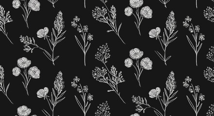 Floral pattern with hand-drawn flowers on black background  