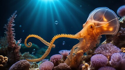 Unusual marine animals like seahorses, jellyfish, octopuses, and manta rays in vibrant coral reefs, deep sea caves, and glowing waters. Use bioluminescence and surreal lighting