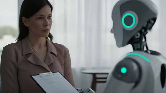 An Artificial Intelligence humanoid robot engages in a consultation with a woman in a modern office, symbolizing the future of business and technology through human-robot interaction and automation