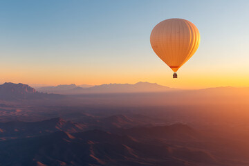Sunset flight: A hot air balloon drifts silently above a scenic mountain landscape, as the setting sun casts a warm golden glow over the scene.