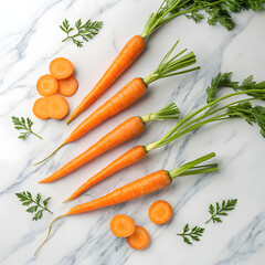 Whole and sliced carrots with green tops, arranged diagonally on a white marble surface.