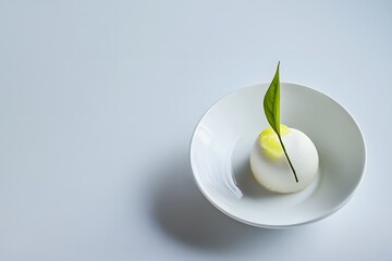 Fototapeta premium Elegant minimalist Japanese dessert topped with airy yuzu foam, showcased under crisp studio LED lighting.