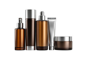 Collection of Skincare Bottles and Tubes in Various Shapes and Sizes on a Smooth Surface