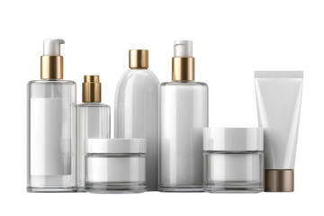 Stylish Collection of Skincare Bottles and Tubes in Transparent and White Designs for Beauty and Cosmetic Use