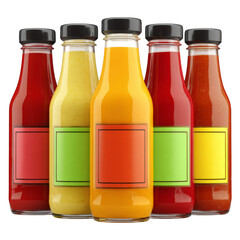 Colorful Bottles of Various Sauces Including Ketchup, Mayonnaise, and Chili Sauce on a White Background