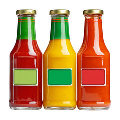 Colorful Bottles of Condiment Sauces Including Ketchup, Mayonnaise, and Chili Varieties on White Background