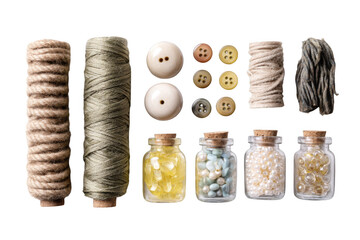 Assorted Craft Supplies Including Rope, Buttons, and Glass Jars of Colorful Beads for Creative Projects and DIY Activities