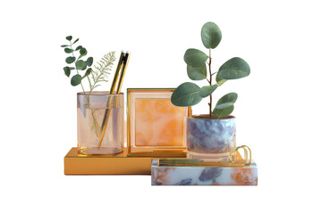 Elegant Desktop Accessories Featuring Mini Plants and Stylish Pens in Unique Pots