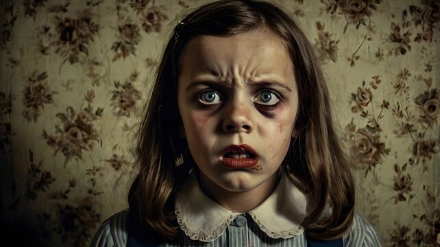 Retrato inquietante de ni&ntilde;a con expresi&oacute;n perturbadora estilo vintage