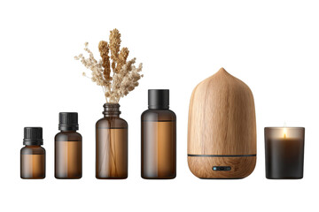 Essential Oil Bottles and Diffuser with Dried Herbs and Candle in Cozy Setting