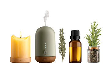 Essential Oil Bottles Displayed with Diffuser, Candle, and Dried Herbs for Aromatherapy and Home Relaxation