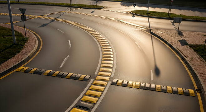 Aerial Perspective Of Curvy Road With Speed Bumps For Traffic Calming
