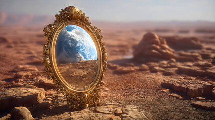 Obraz premium Glass on Mars reflecting the planet Earth human-made glass located on the Red Planet.